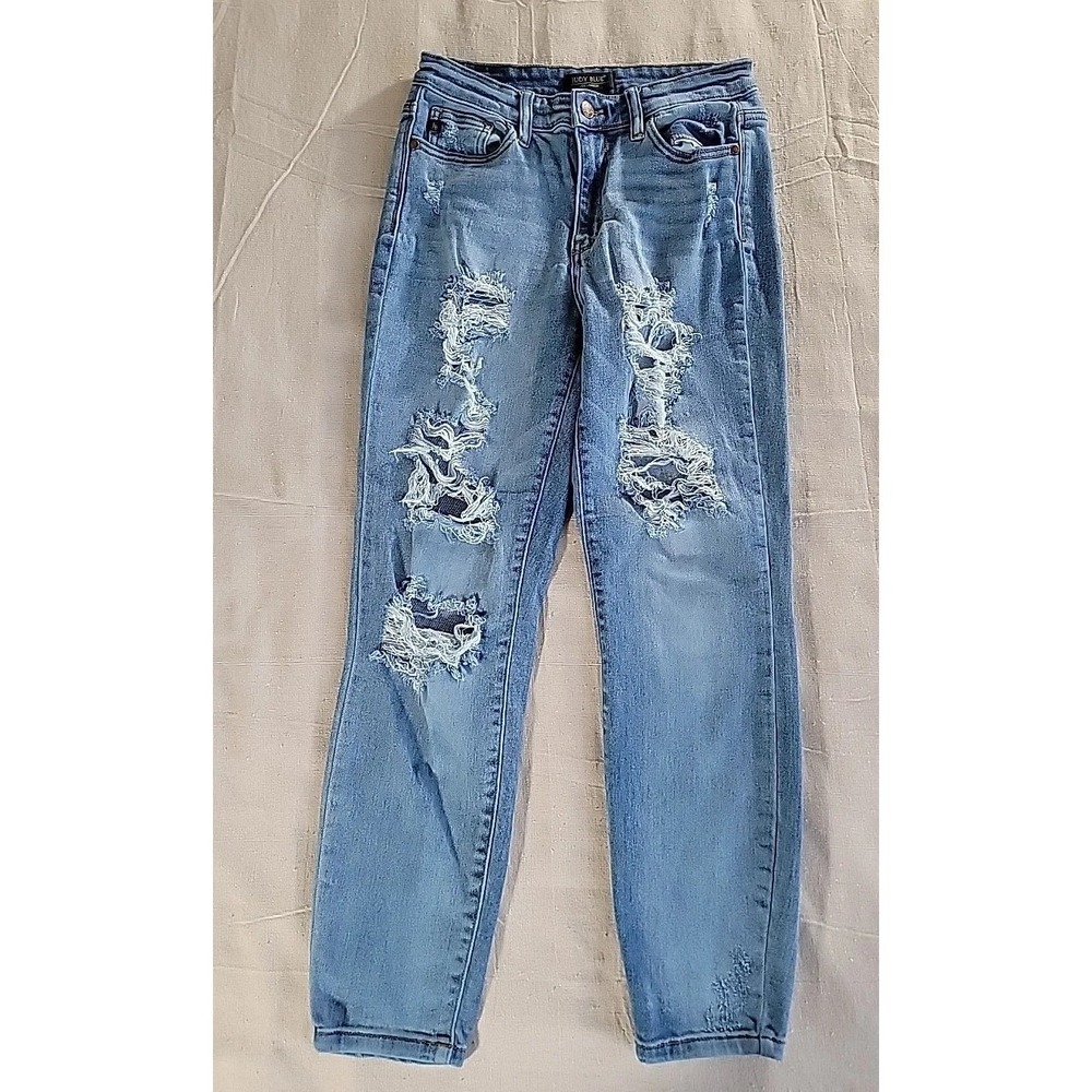 Judy Blue Womens 3 26 28x27 Jeans Boyfriend Distressed Mid Rise Medium Logo EUC